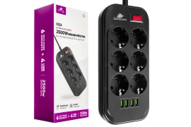 Spacetronik SR-204 6x AC power strip with 4x USB 3.4A Auto-id charger